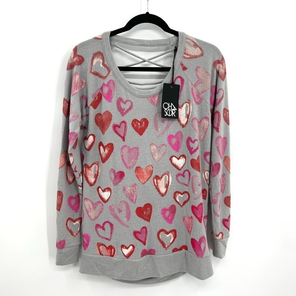 NWT CHASER Gray Pink Red Painted Hearts Strappy Drape Back Sweatshirt Medium